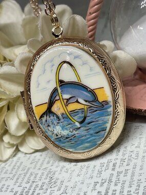 ROSE gold Necklace Beach Dolphin Porpoise locket Wedding Photo Jewelry birthday